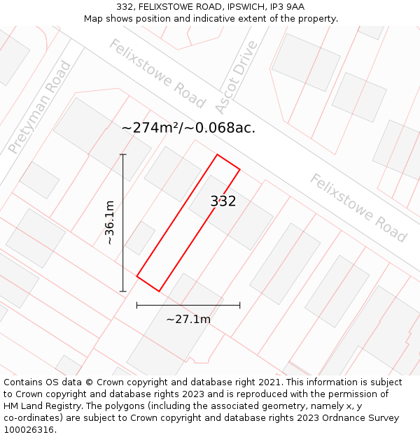 332, FELIXSTOWE ROAD, IPSWICH, IP3 9AA: Plot and title map