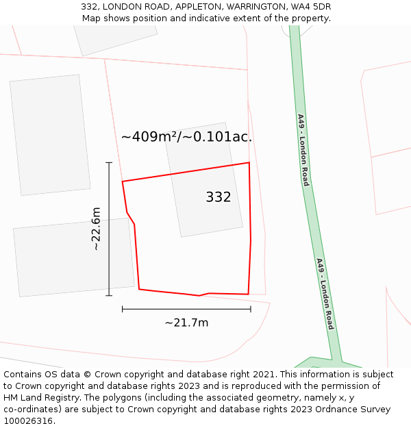 332, LONDON ROAD, APPLETON, WARRINGTON, WA4 5DR: Plot and title map