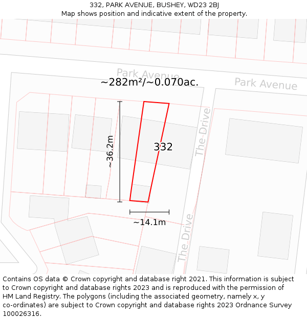 332, PARK AVENUE, BUSHEY, WD23 2BJ: Plot and title map
