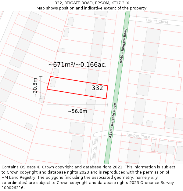 332, REIGATE ROAD, EPSOM, KT17 3LX: Plot and title map