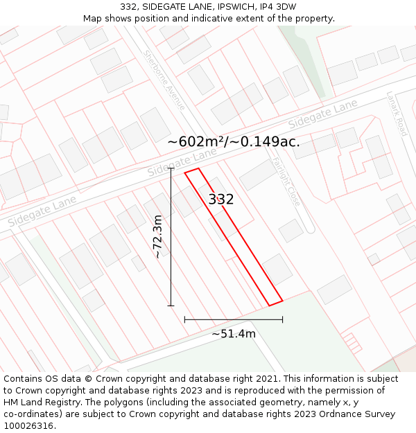332, SIDEGATE LANE, IPSWICH, IP4 3DW: Plot and title map