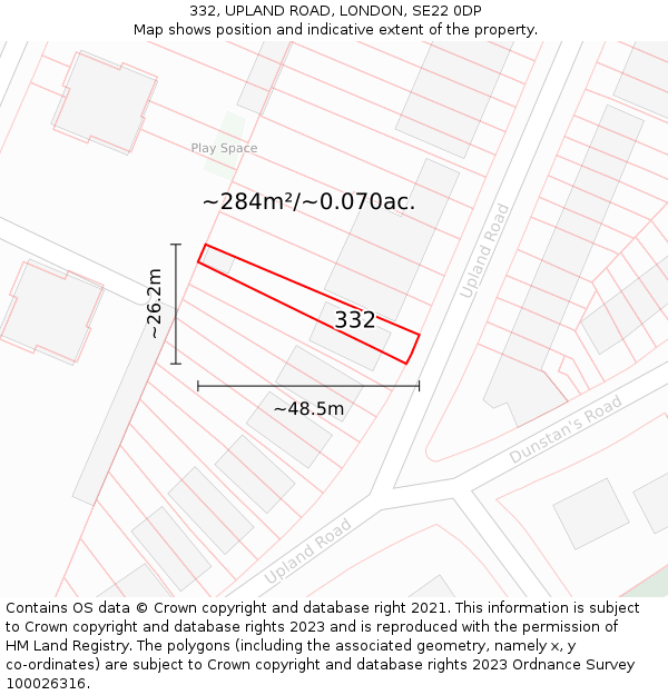 332, UPLAND ROAD, LONDON, SE22 0DP: Plot and title map