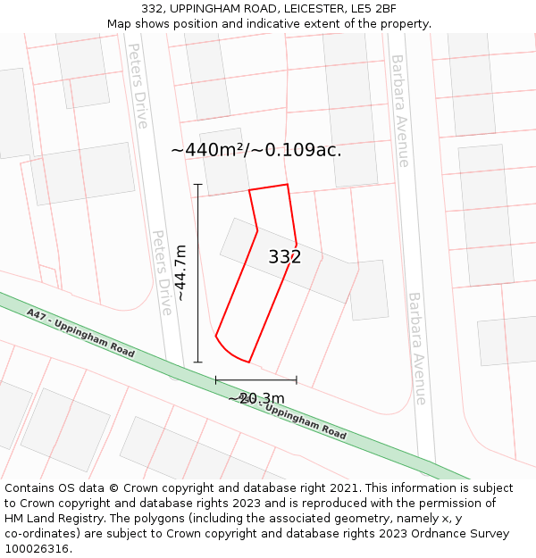 332, UPPINGHAM ROAD, LEICESTER, LE5 2BF: Plot and title map