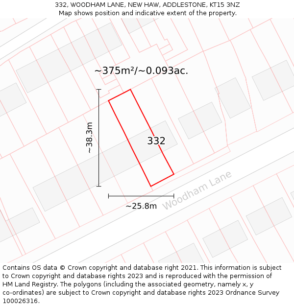 332, WOODHAM LANE, NEW HAW, ADDLESTONE, KT15 3NZ: Plot and title map