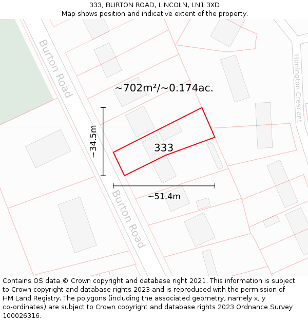 333, BURTON ROAD, LINCOLN, LN1 3XD: Plot and title map