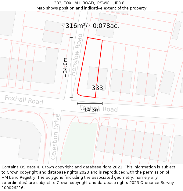 333, FOXHALL ROAD, IPSWICH, IP3 8LH: Plot and title map