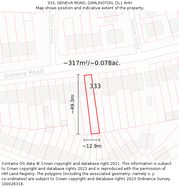 333, GENEVA ROAD, DARLINGTON, DL1 4HH: Plot and title map