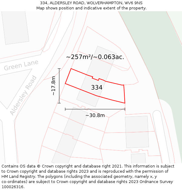 334, ALDERSLEY ROAD, WOLVERHAMPTON, WV6 9NS: Plot and title map