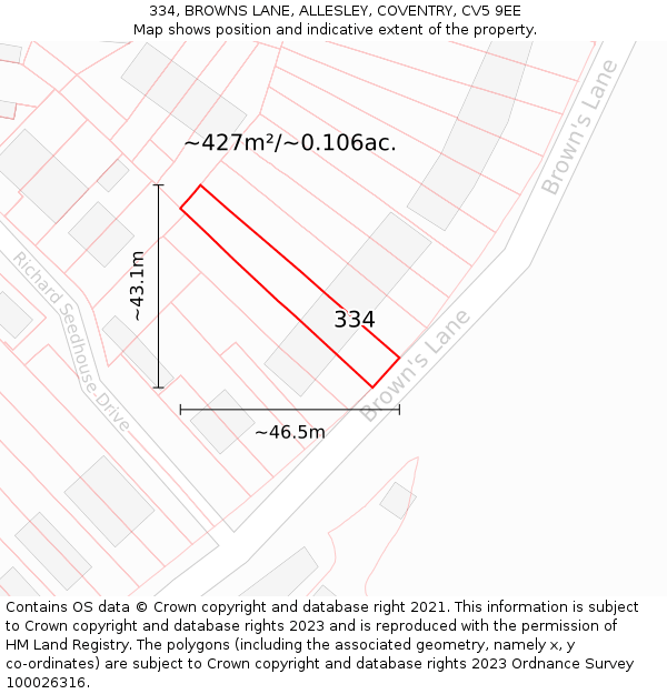 334, BROWNS LANE, ALLESLEY, COVENTRY, CV5 9EE: Plot and title map