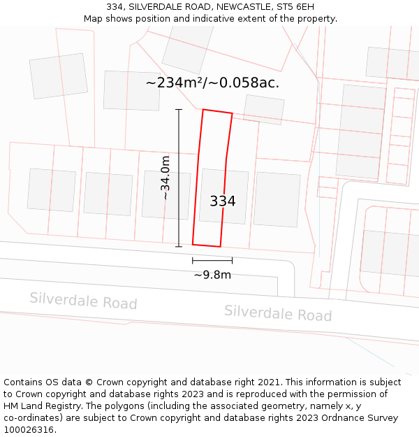 334, SILVERDALE ROAD, NEWCASTLE, ST5 6EH: Plot and title map