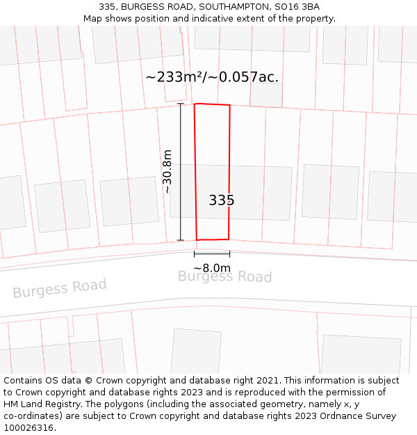 335, BURGESS ROAD, SOUTHAMPTON, SO16 3BA: Plot and title map