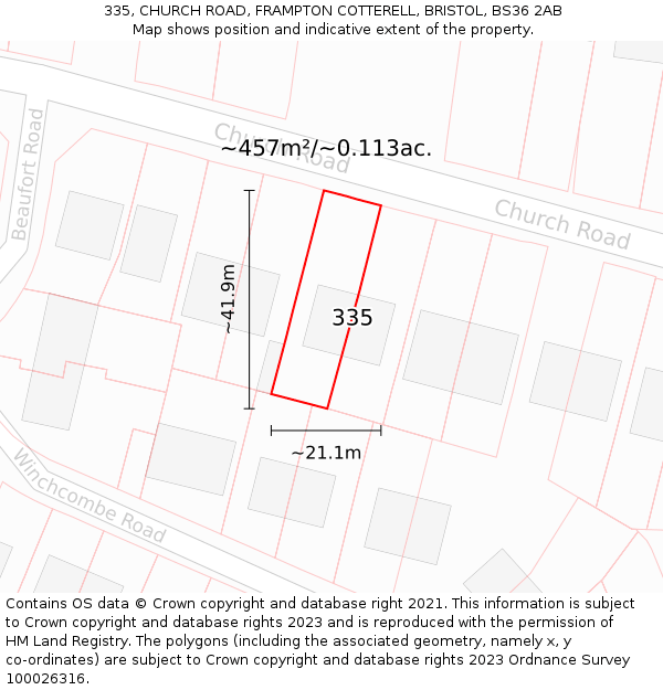 335, CHURCH ROAD, FRAMPTON COTTERELL, BRISTOL, BS36 2AB: Plot and title map