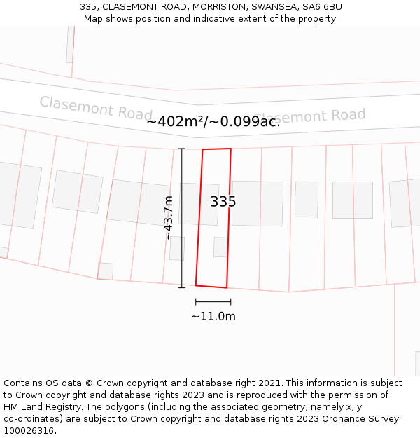 335, CLASEMONT ROAD, MORRISTON, SWANSEA, SA6 6BU: Plot and title map