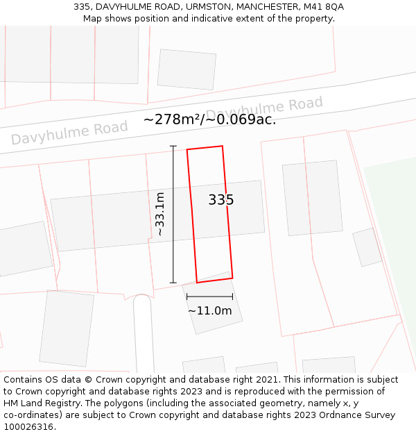 335, DAVYHULME ROAD, URMSTON, MANCHESTER, M41 8QA: Plot and title map