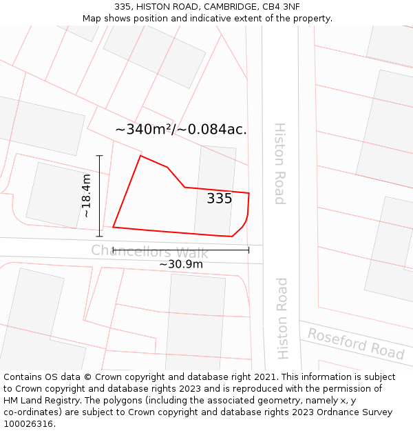 335, HISTON ROAD, CAMBRIDGE, CB4 3NF: Plot and title map