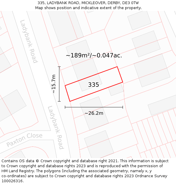 335, LADYBANK ROAD, MICKLEOVER, DERBY, DE3 0TW: Plot and title map