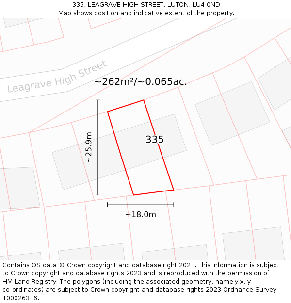 335, LEAGRAVE HIGH STREET, LUTON, LU4 0ND: Plot and title map
