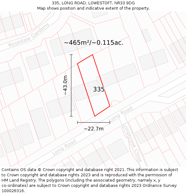 335, LONG ROAD, LOWESTOFT, NR33 9DG: Plot and title map