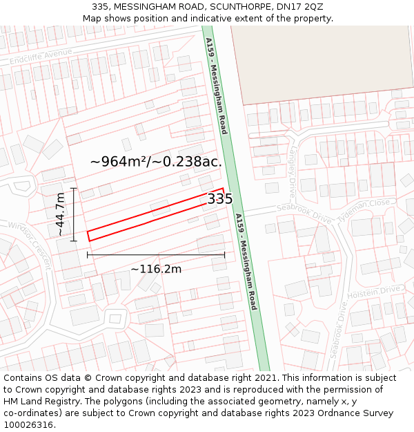 335, MESSINGHAM ROAD, SCUNTHORPE, DN17 2QZ: Plot and title map
