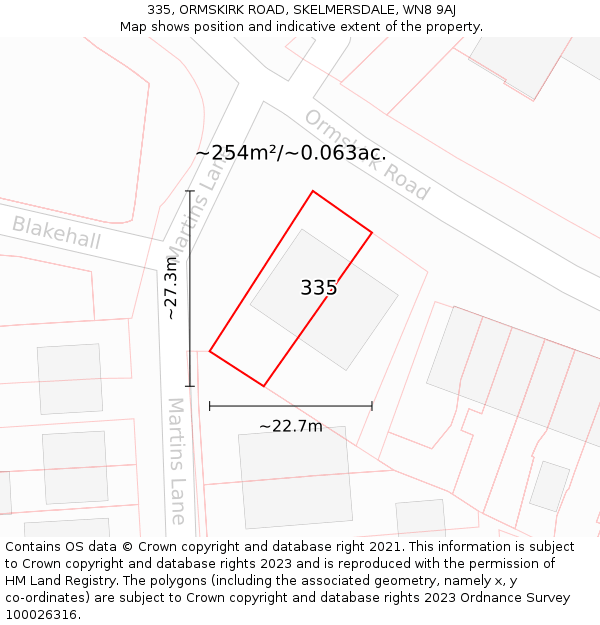 335, ORMSKIRK ROAD, SKELMERSDALE, WN8 9AJ: Plot and title map