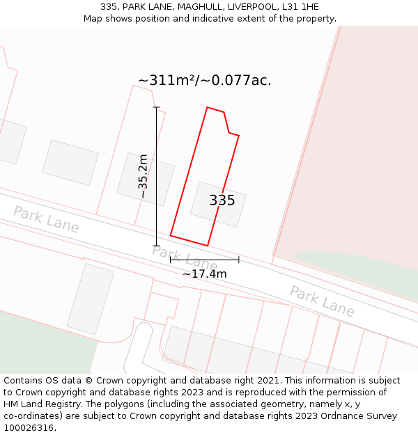 335, PARK LANE, MAGHULL, LIVERPOOL, L31 1HE: Plot and title map