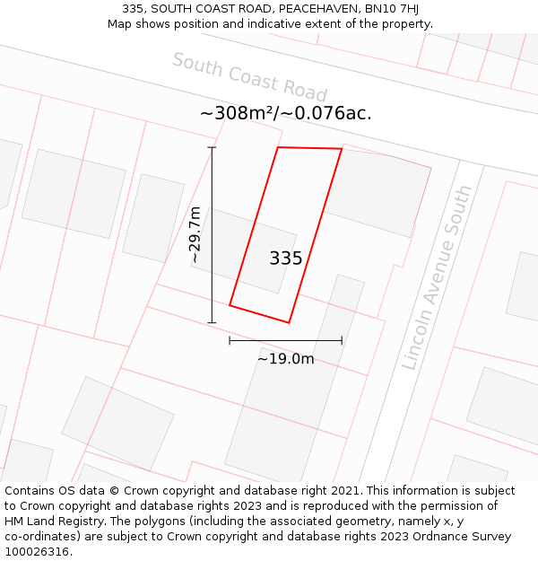335, SOUTH COAST ROAD, PEACEHAVEN, BN10 7HJ: Plot and title map