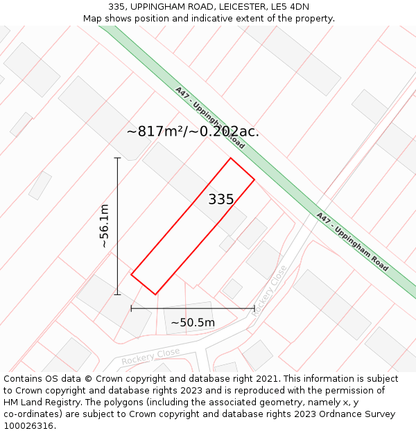 335, UPPINGHAM ROAD, LEICESTER, LE5 4DN: Plot and title map