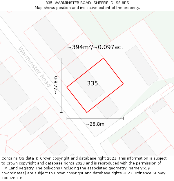 335, WARMINSTER ROAD, SHEFFIELD, S8 8PS: Plot and title map