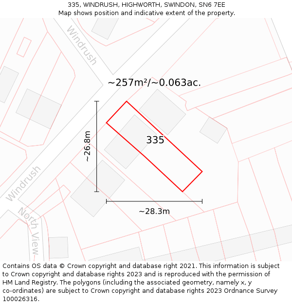 335, WINDRUSH, HIGHWORTH, SWINDON, SN6 7EE: Plot and title map