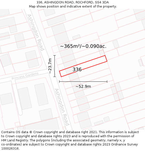 336, ASHINGDON ROAD, ROCHFORD, SS4 3DA: Plot and title map