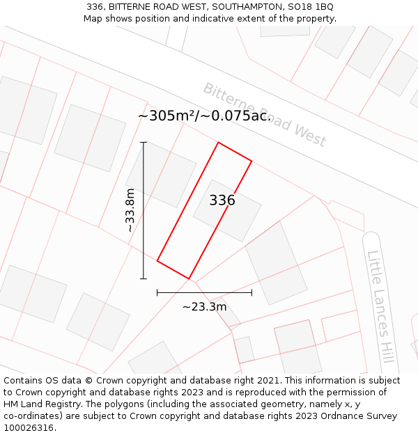 336, BITTERNE ROAD WEST, SOUTHAMPTON, SO18 1BQ: Plot and title map