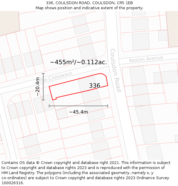 336, COULSDON ROAD, COULSDON, CR5 1EB: Plot and title map