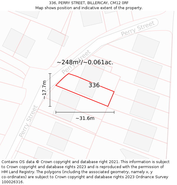336, PERRY STREET, BILLERICAY, CM12 0RF: Plot and title map