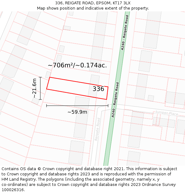 336, REIGATE ROAD, EPSOM, KT17 3LX: Plot and title map