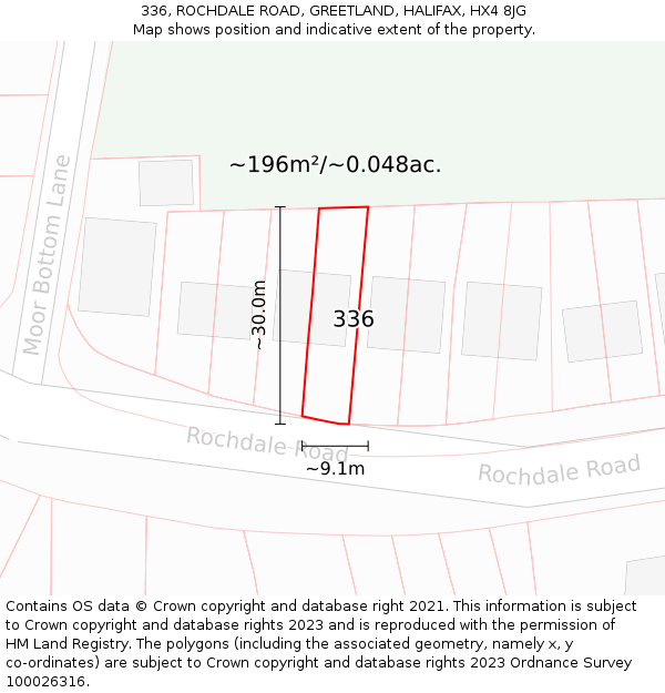 336, ROCHDALE ROAD, GREETLAND, HALIFAX, HX4 8JG: Plot and title map