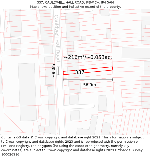 337, CAULDWELL HALL ROAD, IPSWICH, IP4 5AH: Plot and title map