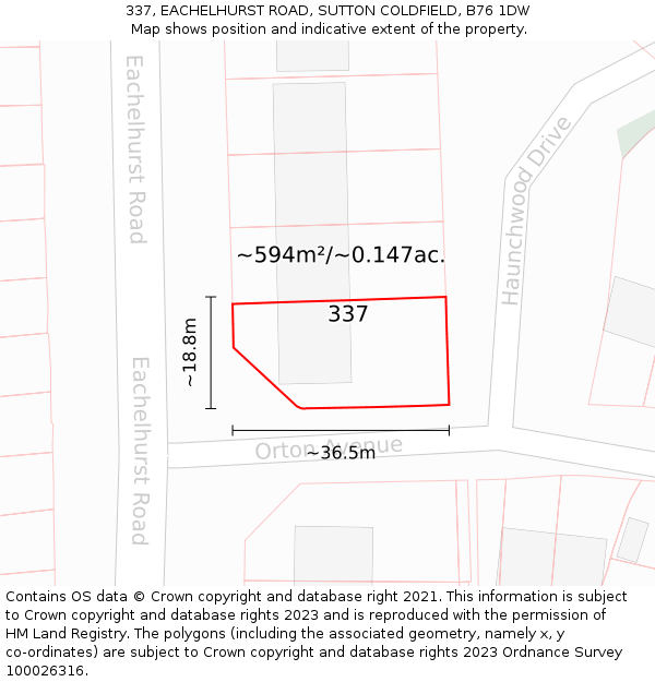 337, EACHELHURST ROAD, SUTTON COLDFIELD, B76 1DW: Plot and title map