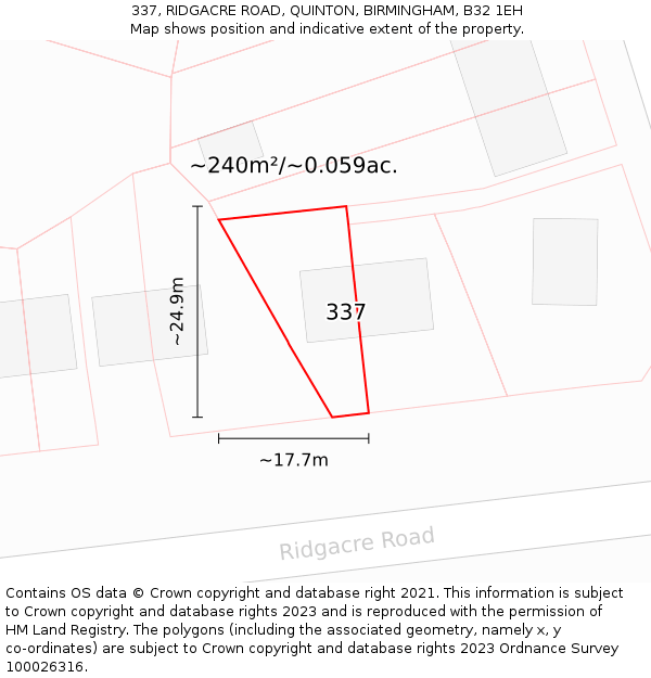 337, RIDGACRE ROAD, QUINTON, BIRMINGHAM, B32 1EH: Plot and title map