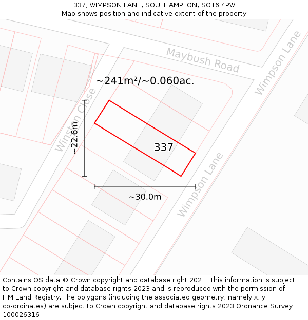337, WIMPSON LANE, SOUTHAMPTON, SO16 4PW: Plot and title map