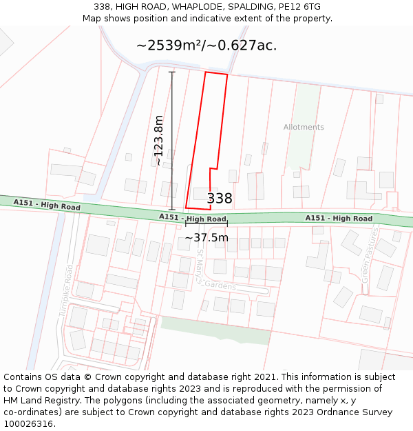 338, HIGH ROAD, WHAPLODE, SPALDING, PE12 6TG: Plot and title map