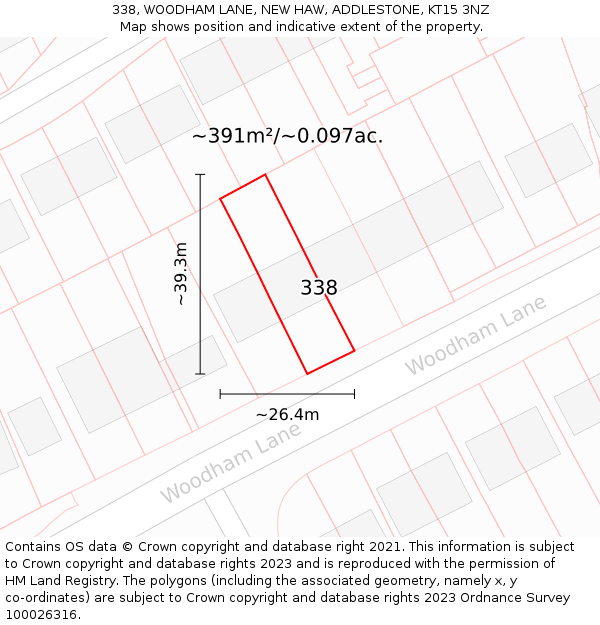 338, WOODHAM LANE, NEW HAW, ADDLESTONE, KT15 3NZ: Plot and title map