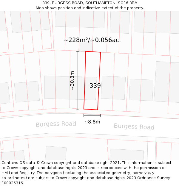 339, BURGESS ROAD, SOUTHAMPTON, SO16 3BA: Plot and title map