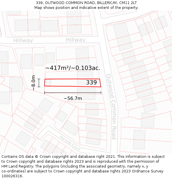 339, OUTWOOD COMMON ROAD, BILLERICAY, CM11 2LT: Plot and title map