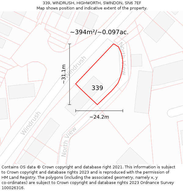 339, WINDRUSH, HIGHWORTH, SWINDON, SN6 7EF: Plot and title map
