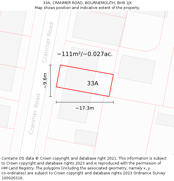 33A, CRANMER ROAD, BOURNEMOUTH, BH9 1JX: Plot and title map