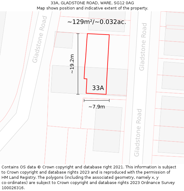 33A, GLADSTONE ROAD, WARE, SG12 0AG: Plot and title map
