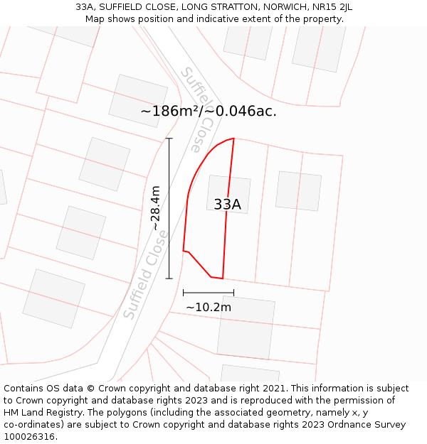 33A, SUFFIELD CLOSE, LONG STRATTON, NORWICH, NR15 2JL: Plot and title map