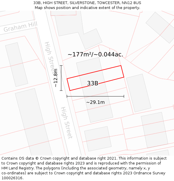 33B, HIGH STREET, SILVERSTONE, TOWCESTER, NN12 8US: Plot and title map