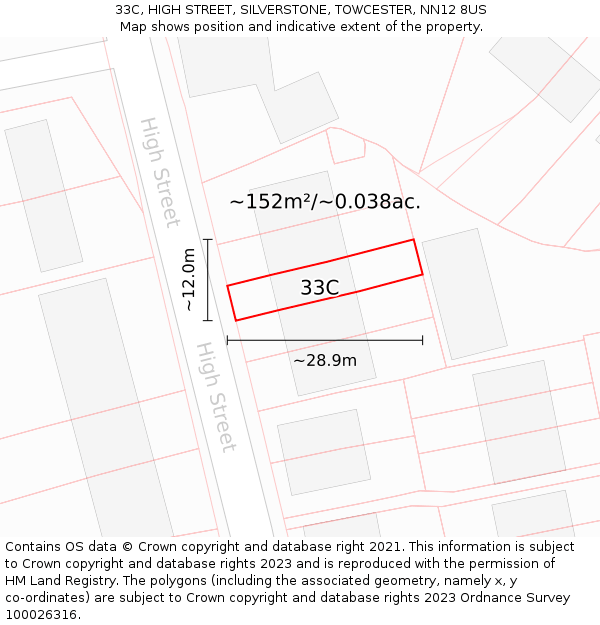33C, HIGH STREET, SILVERSTONE, TOWCESTER, NN12 8US: Plot and title map