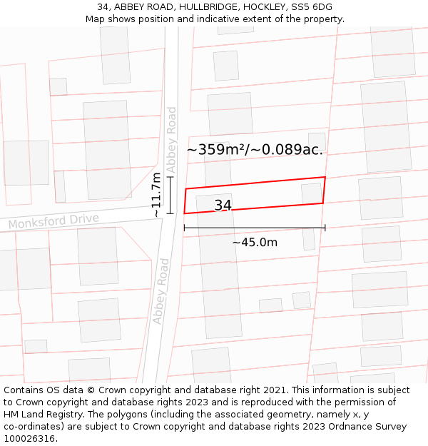 34, ABBEY ROAD, HULLBRIDGE, HOCKLEY, SS5 6DG: Plot and title map